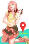  bad_id bad_pixiv_id braid breasts cellphone cleavage flower_skirt hair_bobbles hair_ornament hirose_yasuho holding jojo_no_kimyou_na_bouken jojolion kneeling medium_breasts multiple_tails phone pink_eyes pink_hair pointing shoes skirt smartphone sneakers socks solo tail twin_braids ushikai 