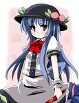  blue_hair blush fa_no_hito food fruit hat hinanawi_tenshi long_hair peach red_eyes solo sword touhou weapon 