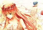 1girl aqua_eyes bad_id bad_pixiv_id blue_hair couple dress flower flower_necklace head_wreath hetero jewelry just_be_friends_(vocaloid) kaito long_hair megurine_luka necklace paper_airplane petals pink_hair red_string ria_(pixiv251058) string vocaloid white_dress 