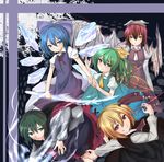  animal_ears antennae bad_id bad_pixiv_id blonde_hair blue_eyes blue_hair bow brown_eyes cirno daiyousei green_eyes green_hair hair_bow hair_ribbon hat metalwasabi multiple_girls mystia_lorelei pink_hair red_eyes ribbon rumia short_hair sword team_9 touhou weapon wings wriggle_nightbug 