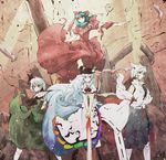  animal_ears blue_eyes blue_hair front_ponytail green_hair highres hinanawi_tenshi inubashiri_momiji kagiyama_hina konpaku_youmu multiple_girls red_eyes ryuu_(tsukinoyuki) silver_hair sword sword_of_hisou touhou weapon white_hair wolf_ears 