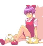  bad_id bad_pixiv_id blush bow brown_eyes cat gegege_no_kitarou hair_ribbon legs nekogasuki nekomusume nekomusume_(gegege_no_kitarou_4) pink_bow purple_hair ribbon short_hair sitting solo 