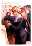  blonde_hair copyright_request faceless faceless_male formal glasses hand_grip highres jacket nishieda office_lady pantyhose pencil_skirt skirt skirt_suit solo_focus subway suit train_interior you_gonna_get_raped 