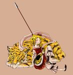  bishamonten's_spear blonde_hair hair_ornament highres myama polearm shawl short_hair simple_background sleeping solo spear tiger toramaru_shou touhou weapon 