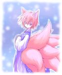  animal_ears fox_ears fox_tail multiple_tails nekoguruma short_hair solo tail touhou yakumo_ran 