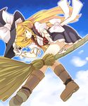  bad_id bad_pixiv_id blonde_hair boots braid broom broom_riding cloud day dress hat highres kirisame_marisa long_hair murazou one_eye_closed sky solo touhou witch_hat yellow_eyes 