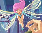  aji_nori bad_id bad_pixiv_id blue_leotard cham_fau fairy flying green_eyes hands leotard long_hair minigirl oldschool open_mouth pink_hair seisenshi_dunbine solo_focus wings 