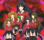  asmodeus beelzebub belphegor black_hair black_legwear boots brown_hair green_hair grey_hair leviathan_(umineko) long_hair lucifer mammon multiple_girls necktie pink_neckwear ponytail red_eyes satan stakes_of_purgatory tamo_(tamokuteki_kuukan) thighhighs twintails umineko_no_naku_koro_ni 