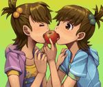 apple brown_eyes brown_hair closed_eyes eating face flipped_hair food fruit futami_ami futami_mami goe holding holding_food holding_fruit hood hood_down hoodie idolmaster idolmaster_(classic) multiple_girls open_mouth overalls shared_food short_hair siblings side_ponytail sisters tongue twins 