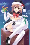  black_santa_costume blush breasts brown_eyes brown_hair elbow_gloves gift gloves hat holding holding_gift medium_breasts misaka_mikoto open_mouth panties rakkyo sack santa_costume santa_hat snow solo thighhighs to_aru_kagaku_no_railgun to_aru_majutsu_no_index underboob underwear white_legwear 