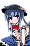  blue_hair blush fa_no_hito food fruit hat hinanawi_tenshi long_hair peach red_eyes smile solo touhou 