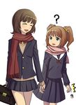  ? amami_haruka bag blazer brown_hair cardigan closed_eyes confused crime_prevention_buzzer fukimin holding_hands idolmaster idolmaster_(classic) jacket multiple_girls saliva scarf school_bag school_uniform serafuku skirt smile sweater takatsuki_yayoi translated twintails 