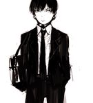  arms_at_sides bad_id bad_pixiv_id bag bell bell_collar collar dress_shirt expressionless gantz greyscale handbag male_focus monochrome necktie nishi_jouichirou shaded_face shirt simple_background solo standing un-known_(ninesix) white_background 