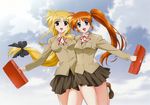  :d bag bare_legs blonde_hair blue_eyes bow bowtie breasts brown_hair couple fate_testarossa female friends happy highres holding hug legs long_hair long_sleeves looking_at_viewer low-tied_long_hair lyrical_nanoha mahou_shoujo_lyrical_nanoha mahou_shoujo_lyrical_nanoha_strikers multiple_girls mutual_yuri official_art okuda_yasuhiro open_mouth orange_hair pleated_skirt purple_eyes red_eyes school_uniform shoes side_ponytail skirt smile socks takamachi_nanoha twintails very_long_hair yuri 