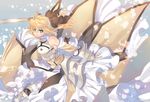  armor armored_dress artoria_pendragon_(all) blonde_hair blue_eyes dress fate/stay_night fate/unlimited_codes fate_(series) hair_ribbon long_hair petals ponytail ribbon saber saber_lily solo sword tenkuu_sphere weapon 