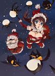  1girl bad_id bad_pixiv_id ball_gag bird blindfold blue_eyes breasts brown_hair christmas gag gagged hat highres large_breasts long_hair night open_mouth original penguin penguin_caee rope santa_claus santa_costume santa_hat sky snow twintails 