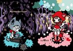  1girl animal_ears bad_id bad_pixiv_id big_bad_wolf_(grimm) blood eyepatch garter_straps german grimm's_fairy_tales knife little_red_riding_hood little_red_riding_hood_(grimm) panda_lanlan skull tail thighhighs tree wolf_ears wolf_tail 