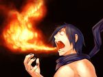  blue_hair breathing_fire face fire hands hanji_(hansi) kaito male_focus scarf simple_background solo vocaloid white_eyes 