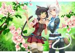  animal_ears ass black_hair character_request final_fantasy final_fantasy_xiv flower green_eyes holding_hands miqo'te mitsukura_chikage multiple_girls nature red_eyes tail thighhighs white_hair zettai_ryouiki 