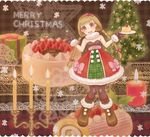  bad_id bad_pixiv_id blush boots braid brown_hair cake candle christmas copyright_request food fork gloves hairband happy inase long_hair pantyhose pastry santa_costume solo twin_braids 