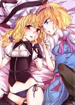  alice_margatroid bed blonde_hair blue_eyes blush finger_to_mouth fingerless_gloves gloves hat kirisame_marisa long_hair matilda multiple_girls panties pantyhose shushing side-tie_panties touhou underwear witch_hat yellow_eyes yuri 