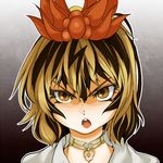  :o blonde_hair choker eyelashes face hair_ornament jewelry lowres multicolored_hair shigurio short_hair solo symbol-shaped_pupils toramaru_shou touhou two-tone_hair v-shaped_eyebrows yellow_eyes 