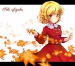  aki_shizuha alternate_hairstyle blonde_hair character_name half_updo kunreishiki leaf looking_at_viewer maple_leaf smile solo tona_(nekotte) touhou yellow_eyes 