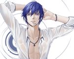  a=k blue_eyes blue_hair bracelet headphones headset jewelry kaito male_focus muscle necklace open_clothes open_shirt shirt solo vocaloid wet 