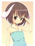  amaa_(chou_dennou_jidai) animal_ears bad_id bad_pixiv_id bare_shoulders brown_eyes brown_hair bunny_ears child flat_chest halterneck inaba_tewi salute short_hair smile solo touhou 