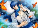  a=k blue_eyes blue_hair blue_nails blue_scarf fish from_above goldfish japanese_clothes kaito kimono male_focus nail_polish scarf solo vocaloid 