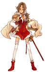  braid brown_hair copyright_request endou_okito glasses hands_on_hips long_hair pointy_ears single_braid solo sword thighhighs weapon zettai_ryouiki 