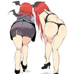  ass back bat_wings bent_over bra colorized downscaled dual_persona facing_away from_behind head_wings high_heels jacket koakuma long_hair long_sleeves md5_mismatch mokumokuren_(atariya_kyoushitsu) multiple_girls no_wings pantylines red_hair resized shirt simple_background sketch skirt standing standing_on_one_leg thong touhou underwear vest white_background wings 