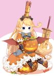  :t adapted_costume armor armored_boots bat_wings blonde_hair blue_eyes blush boots bow bowtie candy charlotta_fenia chocolate cookie crown dress food full_body gauntlets granblue_fantasy hair_bow halloween highres jack-o'-lantern lollipop long_hair muku_(muku-coffee) orange_dress pointy_ears pout puffy_sleeves pumpkin sitting solo swirl_lollipop sword tears v-shaped_eyebrows very_long_hair weapon wings wrapped_candy 
