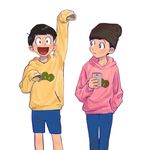  bad_id bad_twitter_id beanie black_hair brothers cellphone cowboy_shot hand_in_pocket hat hood hoodie male_focus matsuno_juushimatsu matsuno_todomatsu multiple_boys open_mouth osomatsu-kun osomatsu-san phone shorts siblings simple_background sleeves_past_wrists smartphone smile white_background 