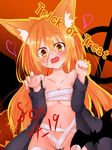  :d animal_ears bandages bat blonde_hair claw_pose fang fox_ears halloween halloween_costume heart highres jack-o'-lantern kouhii_kitsune long_hair open_mouth original smile solo stitches trick_or_treat yellow_eyes 