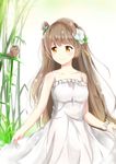  bad_id bad_pixiv_id bird brown_hair dress flower flower_bracelet hair_bobbles hair_flower hair_ornament highres konka long_hair love_live! love_live!_school_idol_project minami_kotori minami_kotori_(bird) skirt_hold smile solo very_long_hair white_dress yellow_eyes 