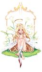  :d ahoge angel_wings artist_name bare_shoulders barefoot blonde_hair blush flower grass hair_ornament huge_ahoge leg_wrap legs legs_together lily_(flower) long_hair looking_at_viewer open_mouth original red_eyes rrose sitting smile solo very_long_hair white_wings wings 
