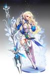  armor blonde_hair boots breasts cleavage elf gauntlets high_heel_boots high_heels highres knee_boots large_breasts long_hair looking_at_viewer original pointy_ears polearm rrose shoulder_armor solo weapon white_footwear yellow_eyes 