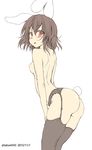  animal_ears ass back black_hair black_legwear blush bunny_ears bunny_tail colorized dated flat_color garter_belt highres inaba_tewi looking_at_viewer looking_back mokumokuren_(atariya_kyoushitsu) open_mouth red_eyes short_hair simple_background sketch solo sweat tail thighhighs topless touhou twitter_username white_background 