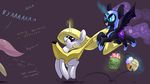  2015 armor basket blonde_hair blue_eyes candy costume dialogue english_text equine female food friendship_is_magic glowing hair helmet horn magic mammal my_little_pony nightmare_moon_(mlp) princess_celestia_(mlp) purple_eyes slit_pupils sparkles text underpable winged_unicorn wings 