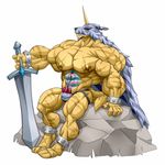  abs biceps big_muscles bulge clothing digimon gabumon male melee_weapon muscular nipples pecs red_eyes solo sweat sword thong weapon wolfiecanem 