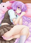  ass bed_sheet blush brown_skirt bunny_pillow collarbone expressionless glasses half-closed_eyes highres kneehighs looking_at_viewer low_twintails lying on_bed panties pantyshot pillow pink_panties pleated_skirt purple_eyes purple_hair red-framed_eyewear school_uniform semi-rimless_eyewear short_hair short_sleeves skirt solo sou_(seiga) twintails under-rim_eyewear underwear vocaloid voiceroid white_legwear yuzuki_yukari 