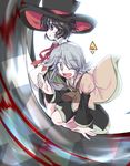  androgynous big_hat black_hair boots bow brown_coat coat detached_sleeves enraku_tsubakura gap grey_eyes hat houlen_yabusame jandare len'en multiple_others open_mouth red_ribbon ribbon short_hair shorts silver_eyes silver_hair smile top_hat 