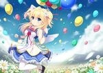  angel_wings balloon bare_arms blonde_hair blue_eyes blue_sky bow cloud day field fisheye flower flower_field hair_bow hair_flower hair_ornament long_hair mountain noe_noel original pantyhose shirt sky sleeveless sleeveless_shirt solo standing standing_on_one_leg two_side_up white_legwear wings wrist_cuffs 