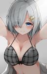  arms_up black_bow blush bow bra breasts cleavage closed_mouth cole collarbone eyebrows eyebrows_visible_through_hair eyes_visible_through_hair grey_background hair_ornament hair_over_one_eye hairclip hamakaze_(kantai_collection) kantai_collection lace lace-trimmed_bra large_breasts looking_at_viewer messy_hair plaid plaid_bra short_hair silver_hair smile solo underwear upper_body 