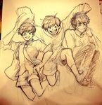  bad_id bad_twitter_id brothers graphite_(medium) hand_on_hip hat jumping male_focus matsuno_ichimatsu matsuno_juushimatsu matsuno_todomatsu multiple_boys necktie osomatsu-kun osomatsu-san porkpie_hat shorts siblings sketch sleeves_past_wrists smile socks surgical_mask traditional_media 