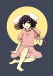  animal_ears barefoot black_hair bunny_ears full_moon higashi_yuzu highres inaba_tewi jewelry mallet moon pendant red_eyes solo touhou 