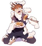  720_72 arms_behind_back brown_eyes brown_hair chikuwa chopsticks disembodied_limb doi_hansuke feeding food hands kneeling male_focus ninja oden plate rakudai_ninja_rantarou restrained simple_background solo white_background 