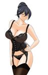  black_bra black_hair bra breasts bustier chiba_shuusaku fumitan_admoss garter_straps glasses gundam gundam_tekketsu_no_orphans hair_bun hand_on_hip highres jitome large_breasts looking_at_viewer nipples panties simple_background solo thighhighs underwear white_background 