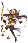 apple arrow artist_name belt boots bow_(weapon) braid brown_footwear brown_gloves brown_legwear cape dragon's_crown elf_(dragon's_crown) food fruit full_body gloves highres hood knee_boots leaf leg_up quiver rrose solo squirrel thighhighs transparent_background twintails weapon white_hair zettai_ryouiki 
